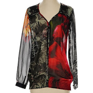 Desigual Black Red Floral Long Sleeve Blouse Women's Small